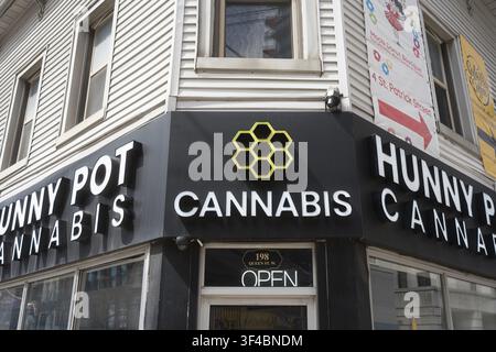 Cannabis storefront on corner black signage. Hunny Pot Branding Honeycomb Logo Above Glass Door with Open Neon Sign, Brick Facade, Awning Stock Photo