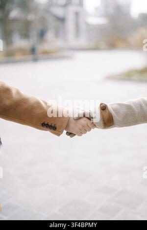Two businessmen shake hands outdoors wearing winter outfits Stock Photo