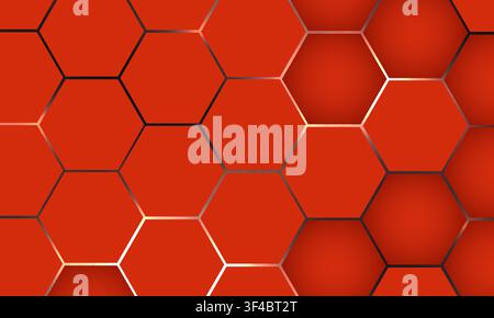 Bright red 3D hexagon abstract technology background with white flashes under honeycomb. Hexagonal vector tech gaming illustration. Stock Vector