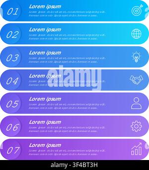Seven Step Colorful Infographic Template Design. Minimal Business, Financial Chart with Icons for Brand Marketing. Vector Illustration Stock Vector