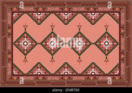 Geometric Ethnic Oriental Seamless Pattern traditional design artwork symmetrical motifs floral elements against peach rose-toned background Stock Vector