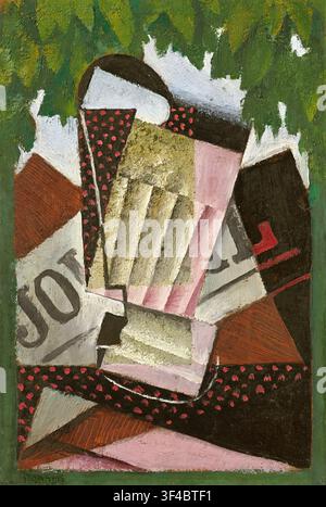 Juan Gris – Glass, Newspaper and Foliage (Verre, journal et feuillage), Summer 1915, Oil and Sand on Board | ArchiVerse Stock Photo