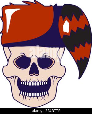 Withered laughing skull with fur hunter hat raccoon tail dressed on head. Zombie in headdress for design of cartoon illustration. Skeleton cranium car Stock Vector