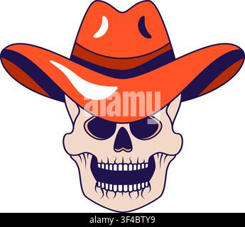 Withered laughing skull with wide brimmed cowboy hat dressed on head. Zombie in headdress for design of cartoon illustration. Skeleton cranium cartoon Stock Vector