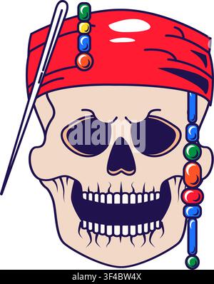 Withered laughing skull with Red pirate bandana headband dressed on head. Zombie in headdress for design of cartoon illustration. Skeleton cranium car Stock Vector