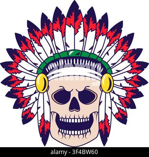 Withered laughing skull Indian of Shaman chief feathers dressed on head. Zombie in headdress for design of cartoon illustration. Skeleton cranium cart Stock Vector