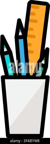 Stationery cup icon symbolizing office supplies, writing tools, workplace organization, creative workspace, and desk accessories Stock Vector