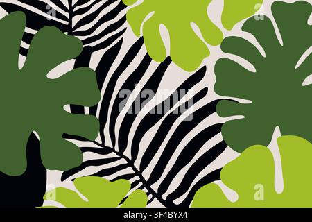 Groovy tropical leaves and monstera abstract retro background vector illustration. Stock Vector