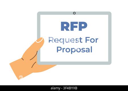 hand holding a tablet displaying RFP Request For Proposal document, concept of business proposals, procurement, bidding process, digital documents - v Stock Vector