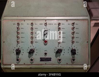 Control panel detail of a vintage V. Bouzard et Ses Fils photomechanical printing machine on display in Catalonia, Spain. Stock Photo