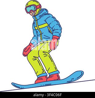 Snowboard rider flat illustration performing winter sport action on a bright board with helmet, goggles and snow gear for resort branding, adventure g Stock Vector