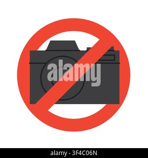 no photo sign, camera inside red prohibition circle with diagonal slash, no photography warning symbol  - vector illustration Stock Vector
