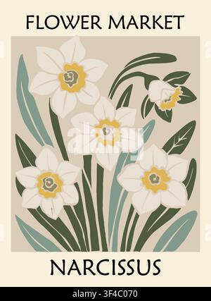 Floral vintage style poster with Narcissus blooms  Stock Vector