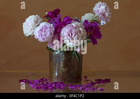 Peonies (Paeonia) in a brown stone jug on a glass table, Bavaria, Germany Stock Photo