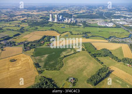 Aerial view, planned large data center on the city limits of Lippborg, RWE Krafttwerk, Lippeaue Schmehauser Mersch, Funke Kunststoffe GmbH plant, cons Stock Photo