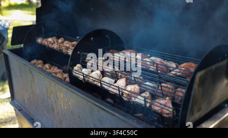 Close up shot of fresh meat pieces grilling on hot metal grate over charcoal fire Stock Photo