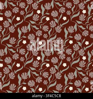 Flowers, buds and petals on a seamless pattern. Vector illustration. A pattern of flowering grasses and twigs is highlighted on a burgundy background. Stock Vector