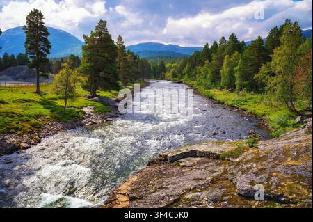 Rauma River flowing through Romsdalen Valley in Norway Stock Photo