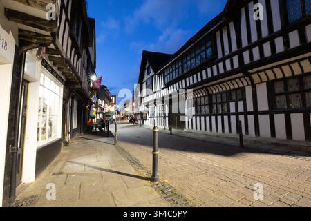 Historic timber-framed buildings along Friar Street, featuring the 15th-century Greyfriars House at dusk in Worcester, UK. Stock Photo