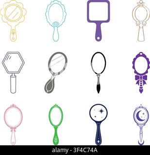 A decorative illustration collection featuring assorted handheld mirrors in elegant shapes and styles, including heart, oval, hexagon, scalloped Stock Vector