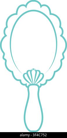 Delicate aqua hand mirror with an oval reflective center softly scalloped edges and a decorative shell motif above the handle Stock Vector