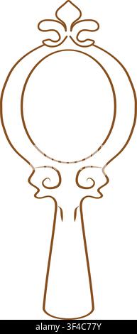 Vintage inspired oval hand mirror with a slender brown outline decorative crest curved scroll ornaments and a tapered handle Stock Vector