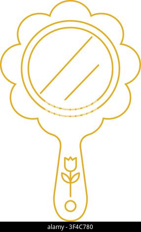 Elegant round hand mirror featuring a golden scalloped border reflective shine marks and a small tulip decoration on the handle Stock Vector