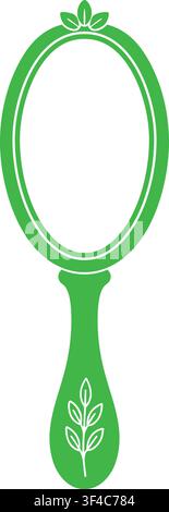 Nature inspired green hand mirror with an oval frame small leaf crest and a botanical pattern decorating the handle Stock Vector