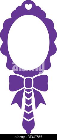 Decorative purple hand mirror featuring a scalloped oval frame small heart crest large bow and patterned ribbon style handle Stock Vector