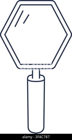 Geometric hand mirror featuring a navy hexagonal frame layered outlines diagonal shine marks and a long rounded handle Stock Vector