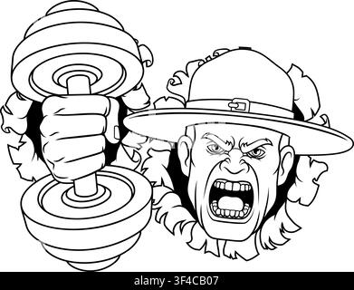 An angry drill instructor or sergeant bootcamp army soldier personal trainer cartoon character holding weight lifting dumbbell sports team gym mascot Stock Vector