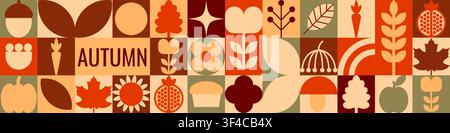 Horizontal mid-century modern autumn banner featuring geometric icons of pumpkins, apples, acorns, leaves, mushrooms, sunflowers and pie in warm orang Stock Vector