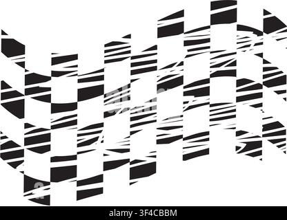 Wavy racing flag with dirty distressed texture. Checkered start or finish signal with grunge surface. Taxi or police car banner with repeated black Stock Vector