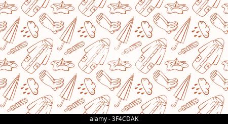 Seamless autumn pattern with rain cloud umbrella raincoat boot paper boat doodle sketch. Weather season theme. Line art style. illustration for fabric Stock Vector