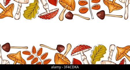 Mushroom and autumn leaf border illustration in cartoon style. Forest natural element. Fall season frame banner with copy space. Stock Vector