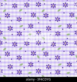 Cute seamless pattern with pink flowers, soft leaves and pastel gingham background, flat vector illustration ideal for fabric, wrapping paper, wallpap Stock Vector