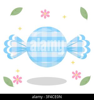 Vibrant cyan blue pastel gingham wrapped candy with floral decoration. Ideal for tropical themes and colorful sticker sets. Flat vector design Stock Vector
