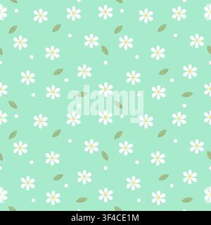 Fresh mint green pastel seamless pattern with white flowers and leaves. Great for spring-themed wallpapers, fabric design, and nursery decor. Flat vec Stock Vector