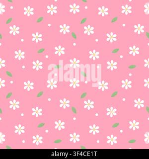 Lovely light pink pastel seamless pattern with white daisies and leaves. Ideal for girl's nursery decor, Valentine gift wrap, and aesthetic stationery Stock Vector