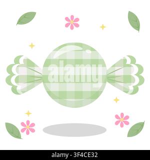 Bright lime green pastel gingham wrapped candy with flower and leaf gimmick. Great for vibrant party designs and stickers. Flat vector illustration on Stock Vector