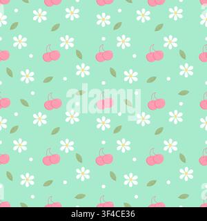Adorable mint green seamless pattern featuring pink cherries and white daisy flowers. Ideal for nursery decor, fabric prints, and summer gift wrap. Fl Stock Vector