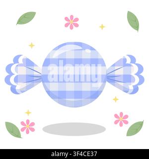 Lovely periwinkle blue pastel gingham wrapped candy with flower and leaf gimmick. Great for stickers and cool summer aesthetics. Flat vector design Stock Vector