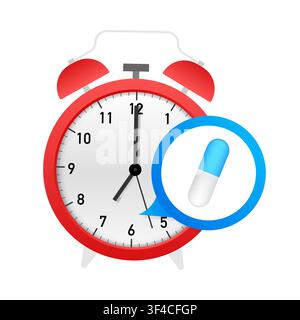 Alarm clock visualizing a pill, representing a medicine reminder and treatment schedule for health and wellness Stock Vector