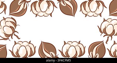 Cotton flower frame with blank space. Floral border pattern in flat style. Natural plant element for invitation, card, print, textile, decor Stock Vector