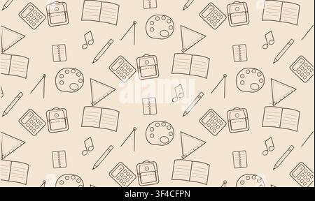 Seamless pattern of school supplies in a playful doodle art style on a neutral background Stock Vector