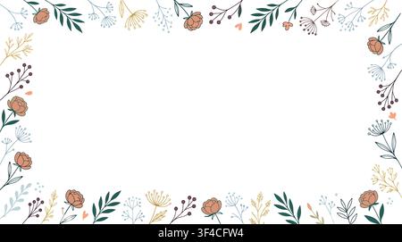 Elegant Botanical Frame Template with Rustic Hand-Drawn Floral Borders and Roses, Blank Copy Space Background Vector for Wedding Invitation Card and Stock Vector