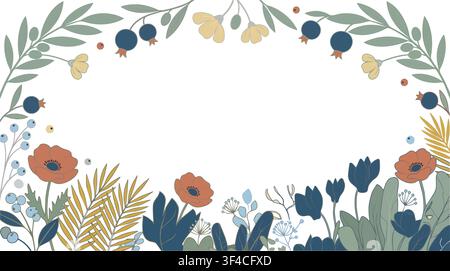 Boho floral frame vector illustration with terracotta poppies, blue tulips, and elegant leafy border. Stock Vector