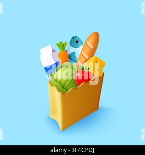 3D Grocery bag filled with fresh food Stock Vector
