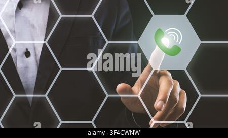 Mobile phone communication. Collage with businessman pressing call button on virtual screen with hexagonal cells Stock Photo