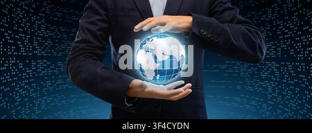 Modern technologies and business. Collage of businessman protecting globe on background with computer code Stock Photo